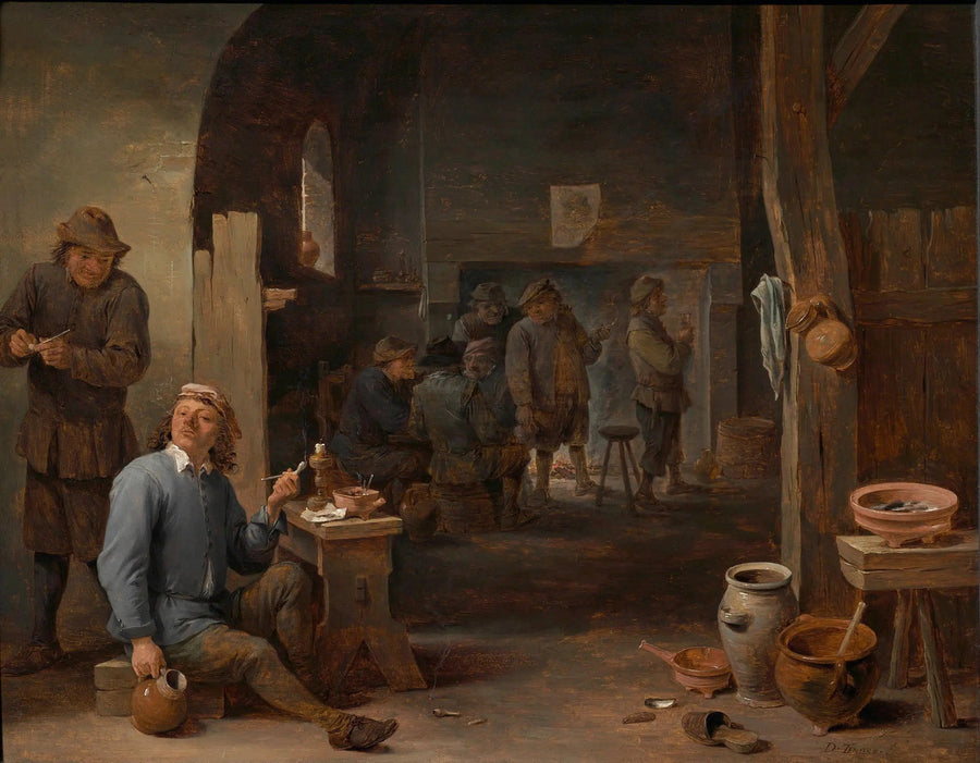 Cena de taberna com um fumante segurando um pote - David Teniers, o Jovem