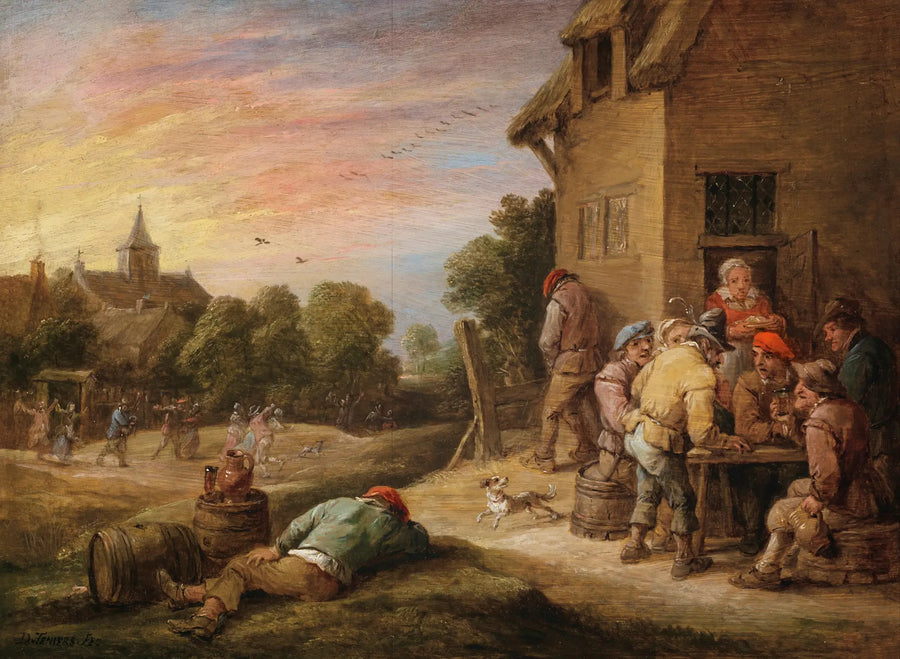 Cena de aldeia com camponeses festejando na frente de uma pousada - David Teniers, o Jovem
