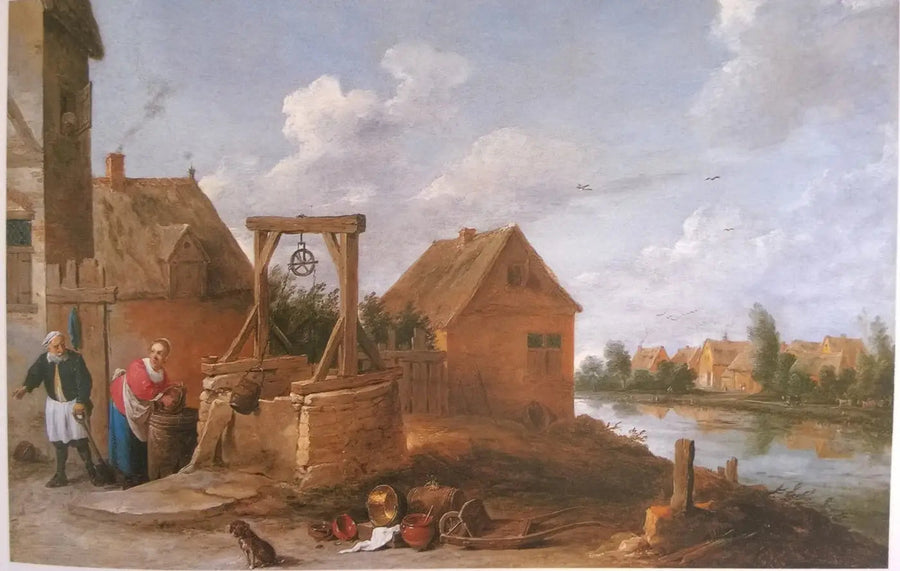 Cena de vila com uma mulher na fonte - David Teniers Júnior