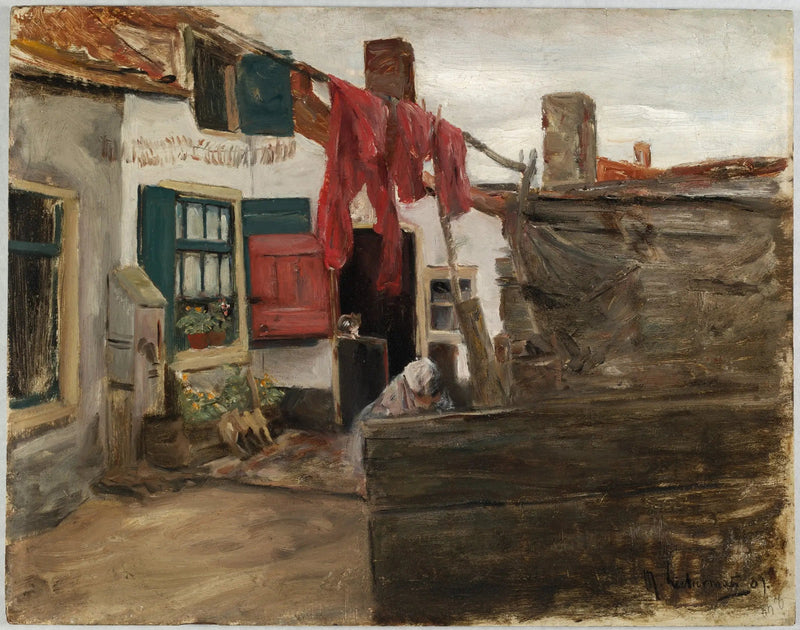 Cena de vila holandesa com roupas penduradas - Max Liebermann