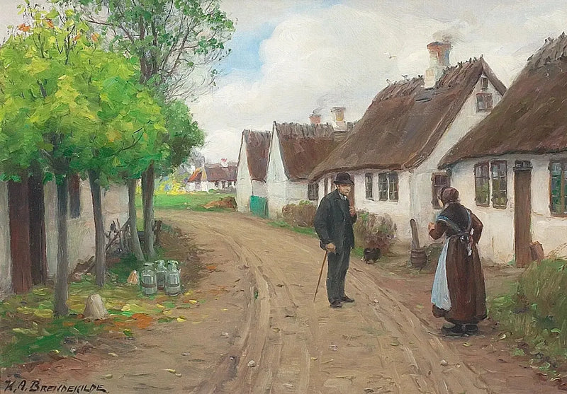 Cena de vila de Jyllinge com pessoas conversando. - H. A. Brendekilde