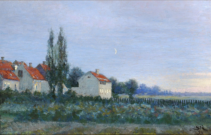 Cena do entardecer com casas e choupos. - Peder Severin Krøyer