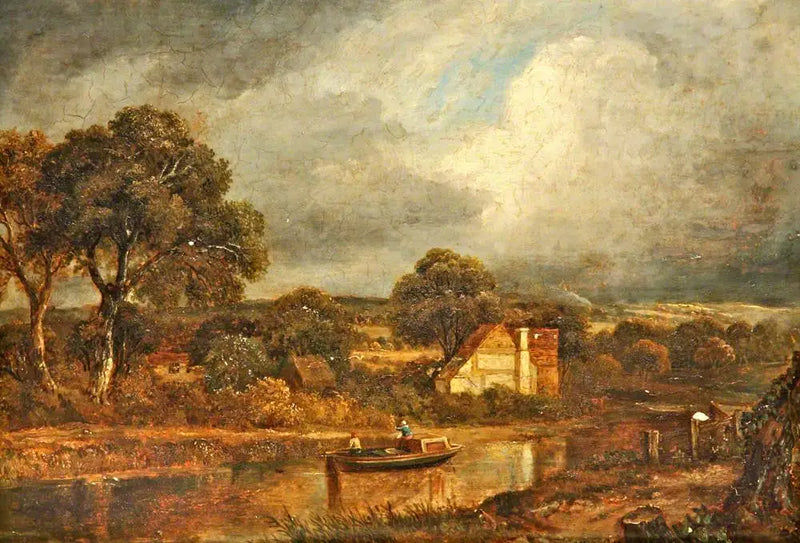 Cena fluvial com um barcaça e chalés - John Constable