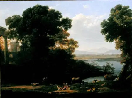Cena fluvial clássica com vista de uma cidade - Claude Lorrain