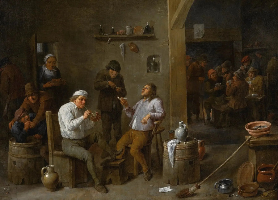 Cena interna de taberna com camponeses bebendo e fumando - David Teniers, o Jovem