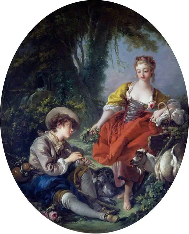 Cena pastoral: pastor com um cachimbo e uma menina - François Boucher