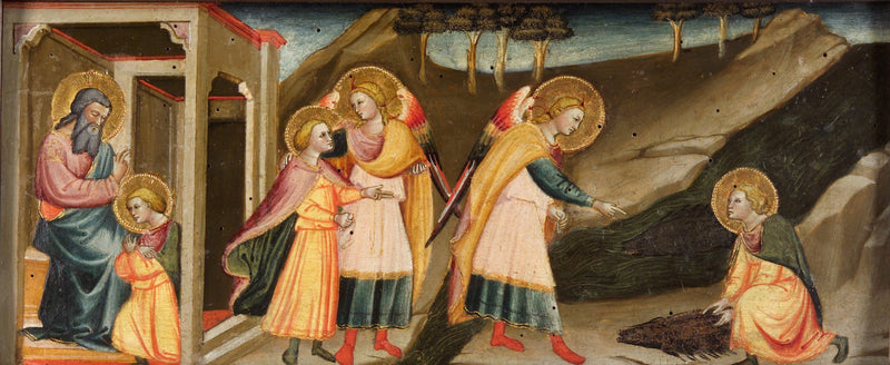 Cenas de Tobias (Tobias se despede de seu pai; As peregrinações de Tobias e do arcanjo Rafael; Tobias pegando o coração, a alavanca e a bile do peixe) - Bicci di Lorenzo