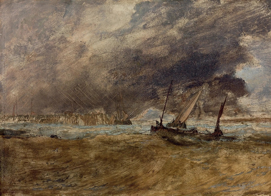 Cena marítima com barcos de pesca em um píer de madeira, uma tempestade se aproximando - J. M. W. Turner
