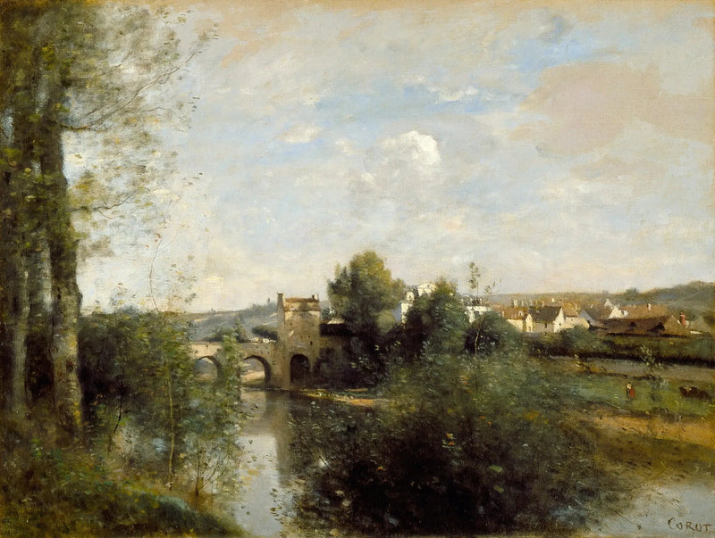  Sena e ponte antiga em Limay - Jean-Baptiste Camille Corot