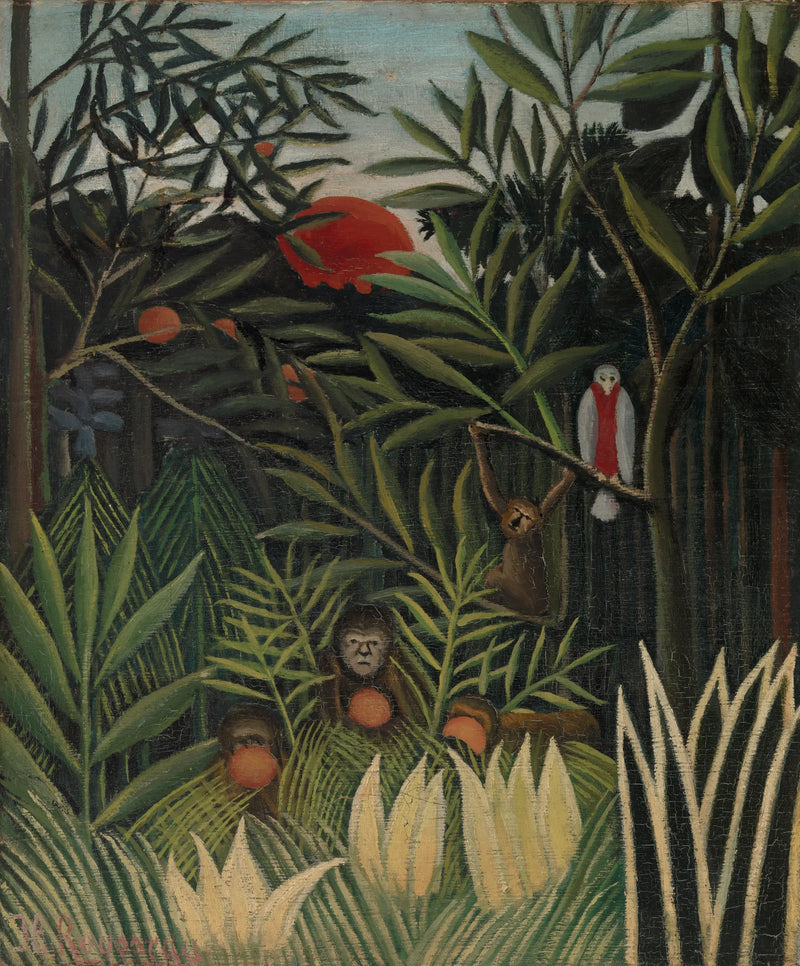 Macacos e papagaio na floresta tropical - Henri Rousseau