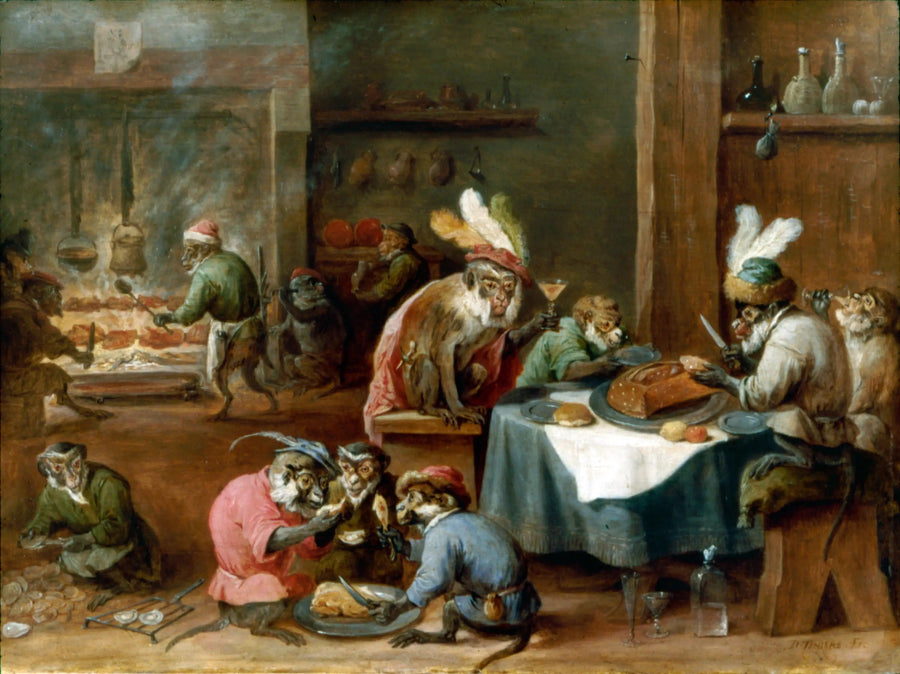 Macacos jantando em uma cozinha - David Teniers, o Jovem