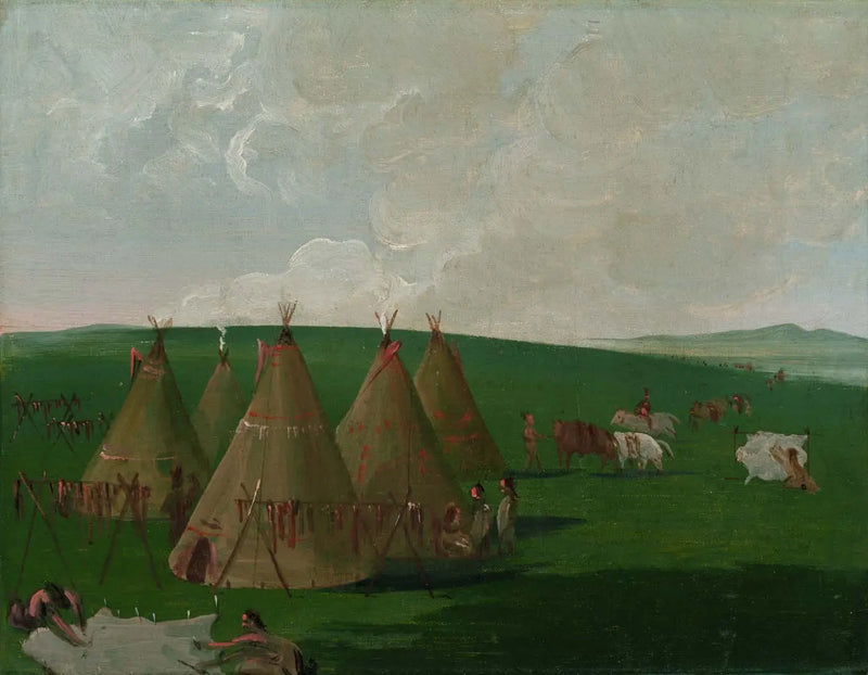 Acampamento Sioux no Alto Mississippi, preparando carne de bisão e vestidos - George Catlin