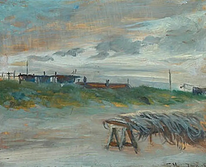 Skagen Sønderstrand numa noite de junho, em tempo nublado. Redes de pesca à frente. - Peder Severin Krøyer