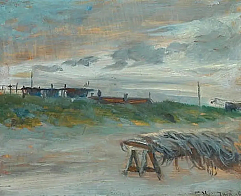 Skagen Sønderstrand numa noite de junho, em tempo nublado. Redes de pesca à frente. - Peder Severin Krøyer