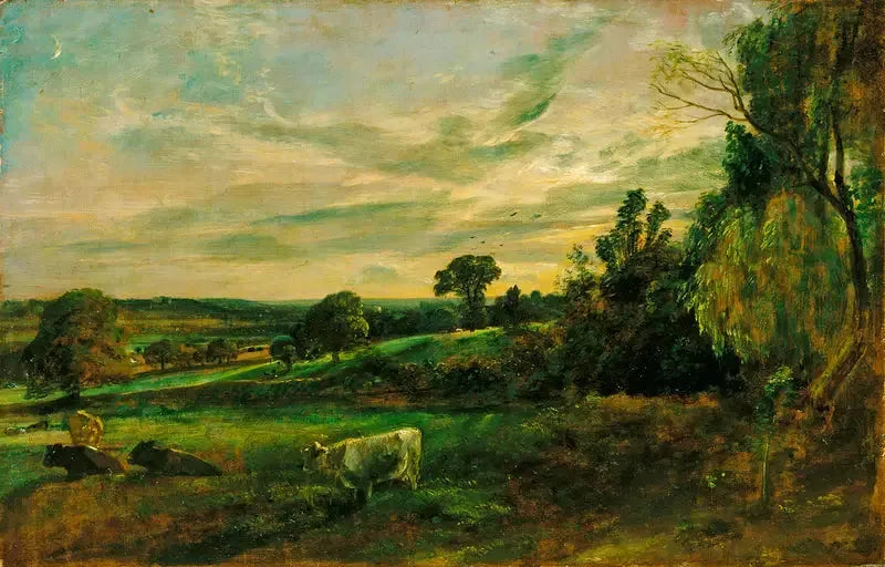 Noite de verão: vista perto de East Bergholt mostrando a igreja de Langham, a igreja de Stratford e a igreja de Stoke-by-Nayland - John Constable