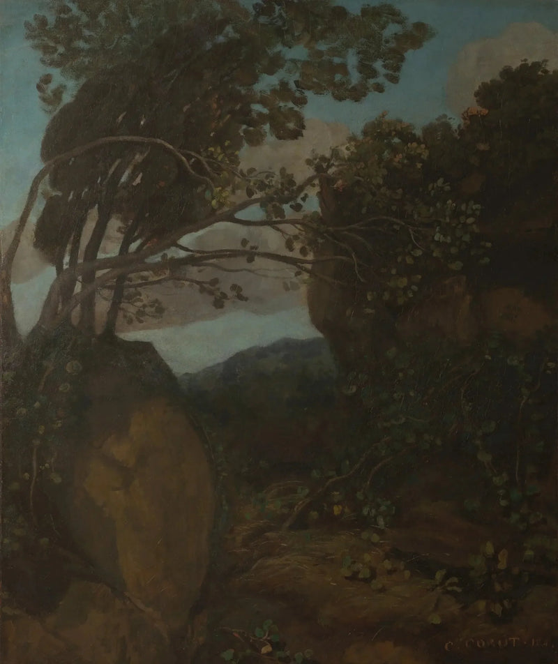 Lembrança de Nemi. Rochas e arbustos - Jean-Baptiste Camille Corot