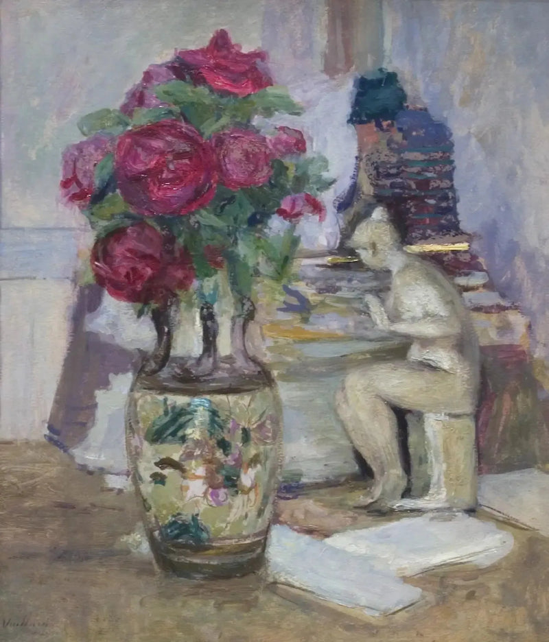 Estatueta de Maillol e rosas vermelhas - Édouard Vuillard