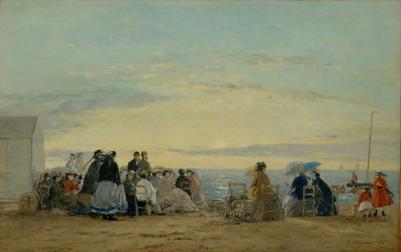 Na praia, pôr do sol - Eugène Boudin
