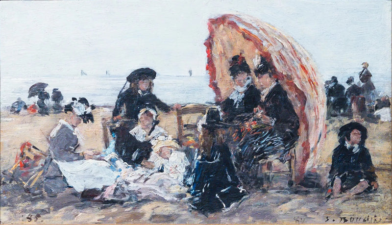 Na praia de Trouville, à sombra do guarda-sol vermelho - Eugène Boudin