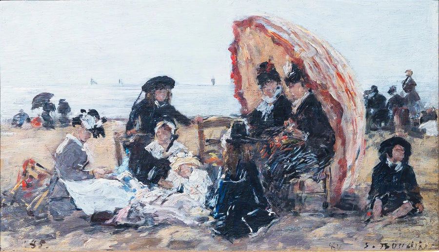 Na praia de Trouville, à sombra do guarda-sol vermelho - Eugène Boudin