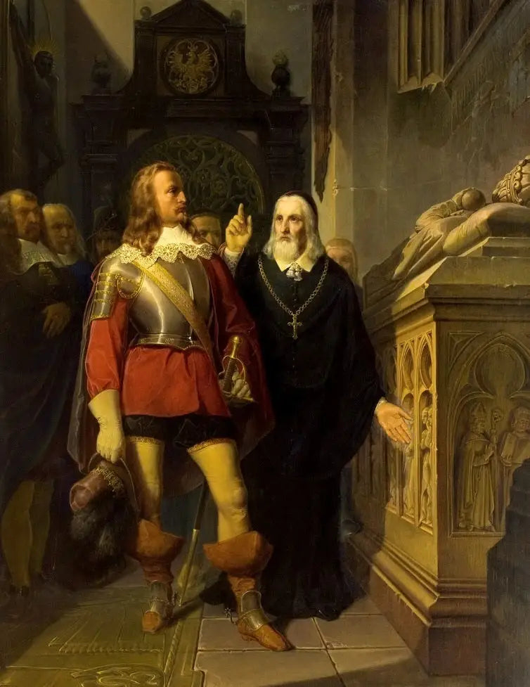 Szymon Starowolski e Charles Gustav diante do túmulo de Władysław Łokietek. - Jan Matejko