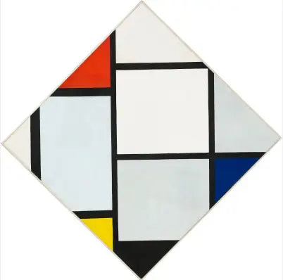 Quadro n° IV; Composição em losango com vermelho, cinza, azul, amarelo e preto - Piet Mondrian