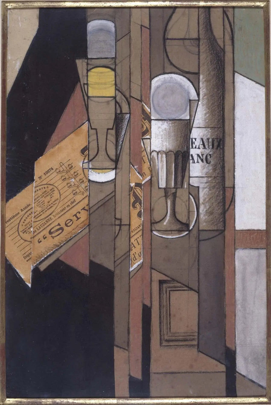 Xícaras, jornal e garrafa de vinho - Juan Gris