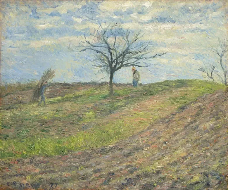 Terra arada no inverno, com um homem usando um chapéu - Camille Pissarro