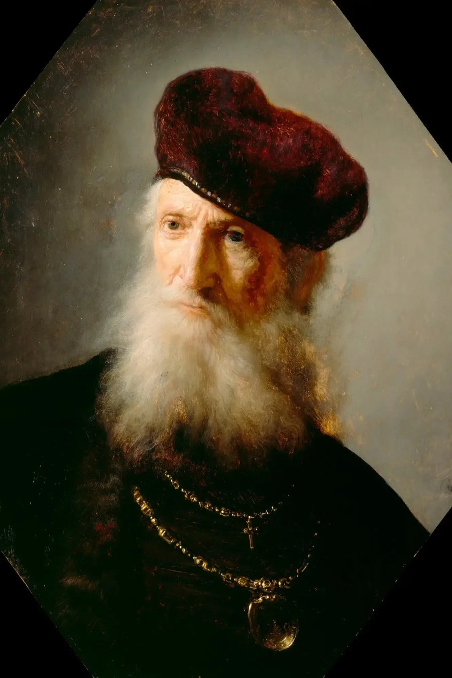 Cabeça de um velho homem barbudo usando um chapéu alto - Rembrandt