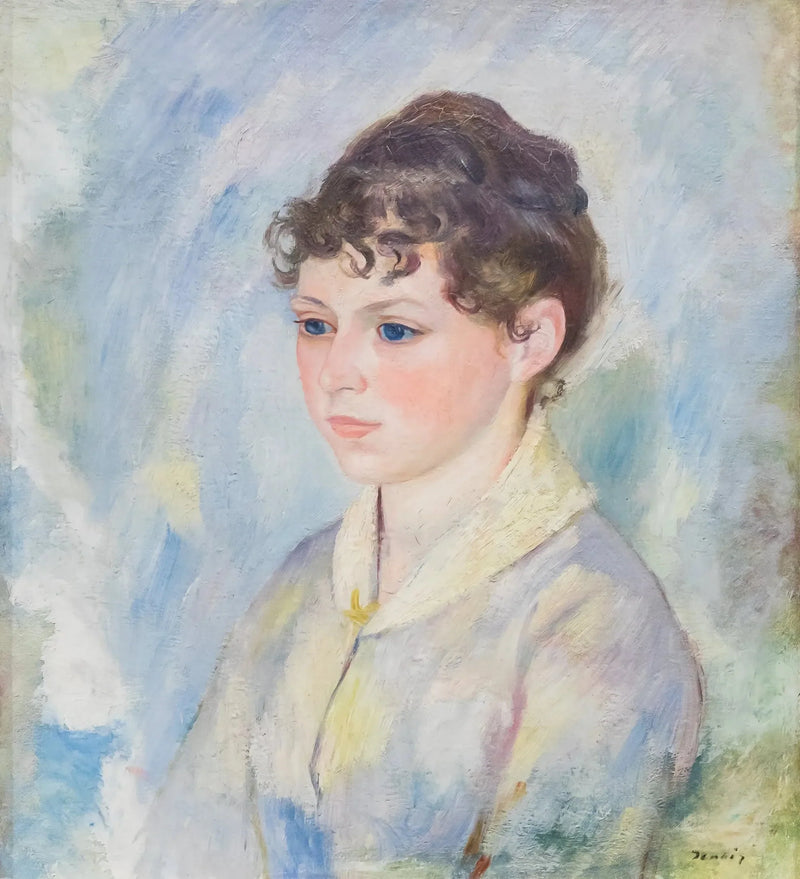 Cabeça de jovem menina sobre fundo azul-claro - Pierre-Auguste Renoir