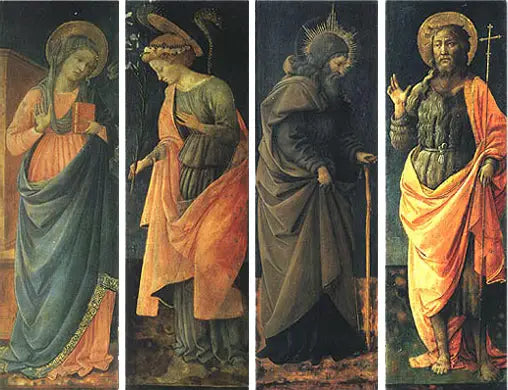 A Anunciação, Santos Antônio Abade, João Batista - Fra Filippo Lippi