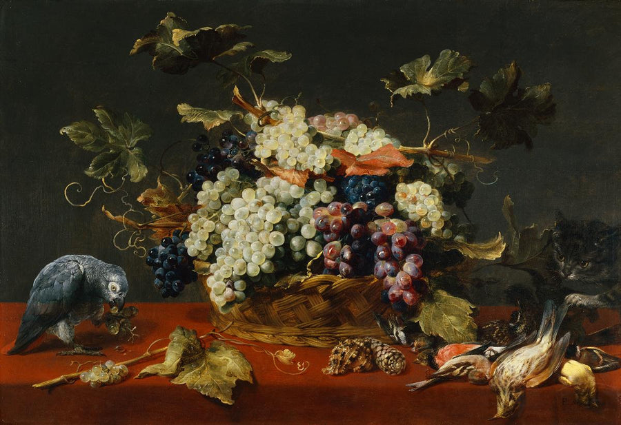 Traubenkorb mit Papagei und Katze - Frans Snyders