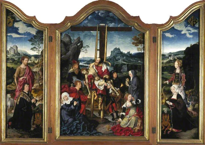 Triptyque. No centro: a Deposição da Cruz; à esquerda: São João Batista com um doador; à direita: Santa Marguerite de Antioquia com uma doadora. - Joos van Cleve