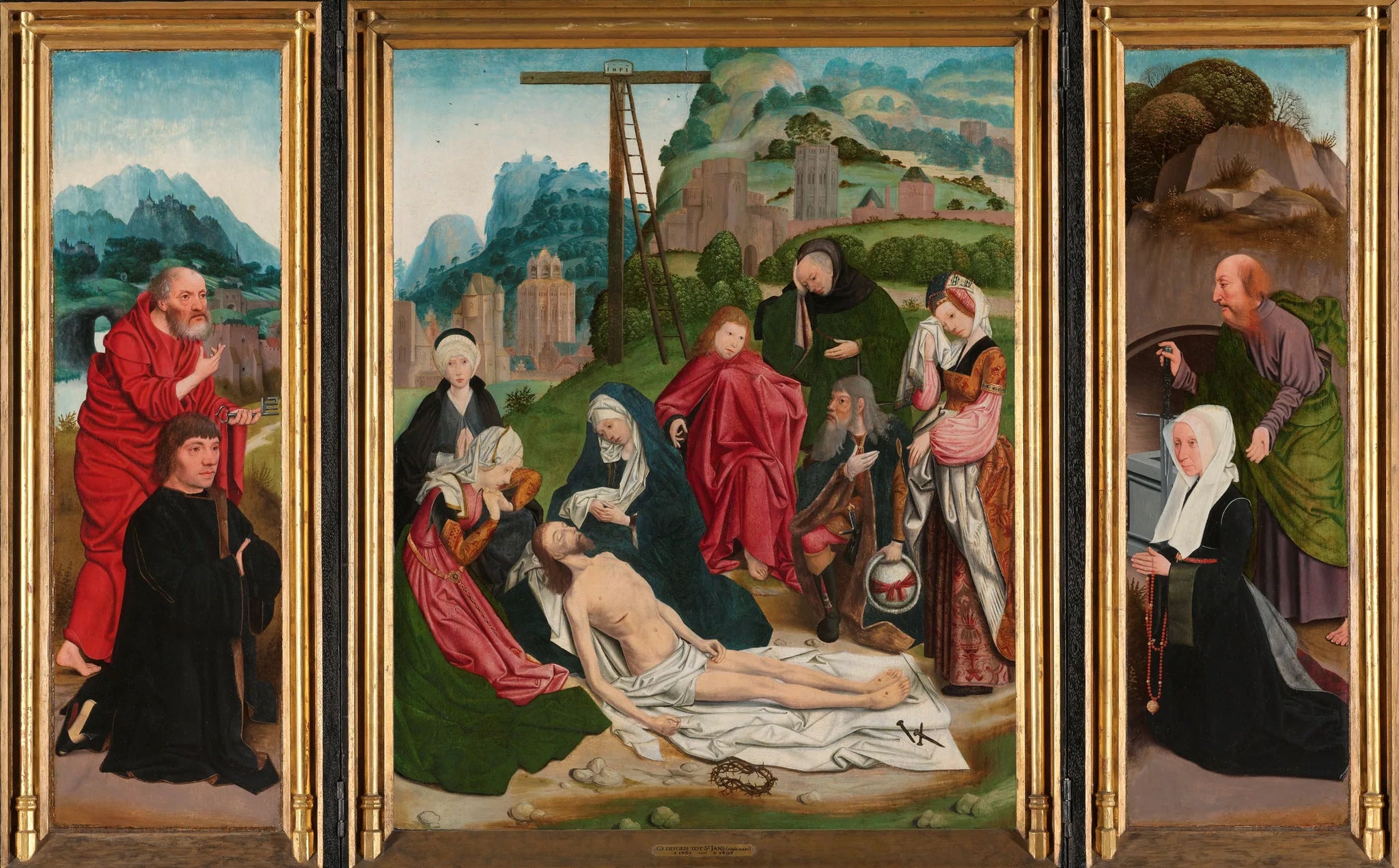 Triptyque avec la Lamentation (panneau central), le donateur avec saint Pierre (aile intérieure gauche), l’épouse du donateur avec saint Paul (aile intérieure droite) et les armoiries des donateurs (ailes extérieures) - Jan Mostaert image 1 reproduction artisanale de tableau