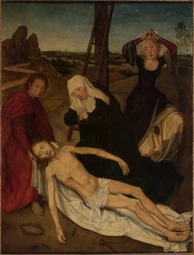 Tríptico, centro: O Cristo chorando pela Santa Virgem, São João e Santa Maria Madalena - Hans Memling
