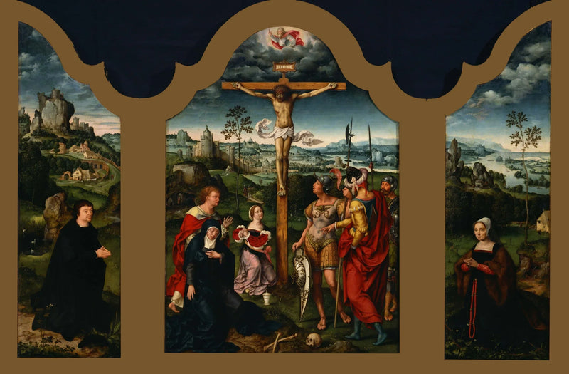 Tríptico: A Crucificação ladeada pelo doador ajoelhado e sua esposa - Joos van Cleve