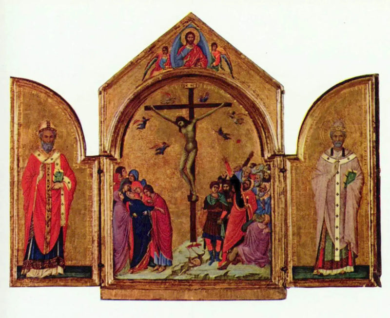 Tríptico: A Crucificação; O Redentor com os anjos; São Nicolau; São Gregório - Duccio di Buoninsegna