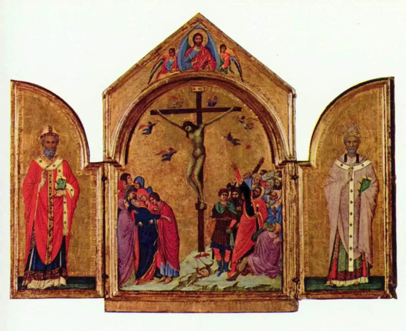 Tríptico: A Crucificação; O Redentor com os anjos; São Nicolau; São Gregório - Duccio di Buoninsegna