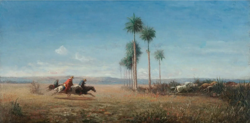 Três cavaleiros e cavalos galopando em uma planície (Venezuela) - Camille Pissarro