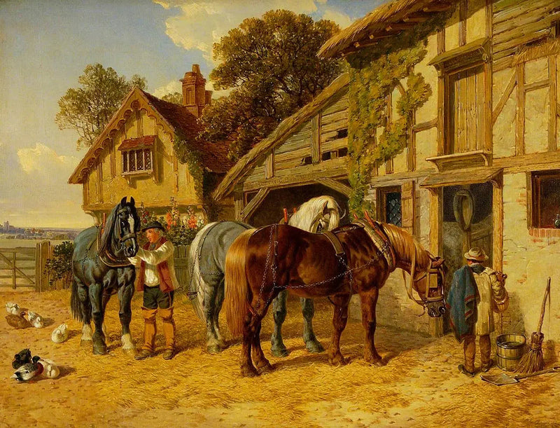Três cavalos e patos no estábulo - John Frederick Herring, Sr.