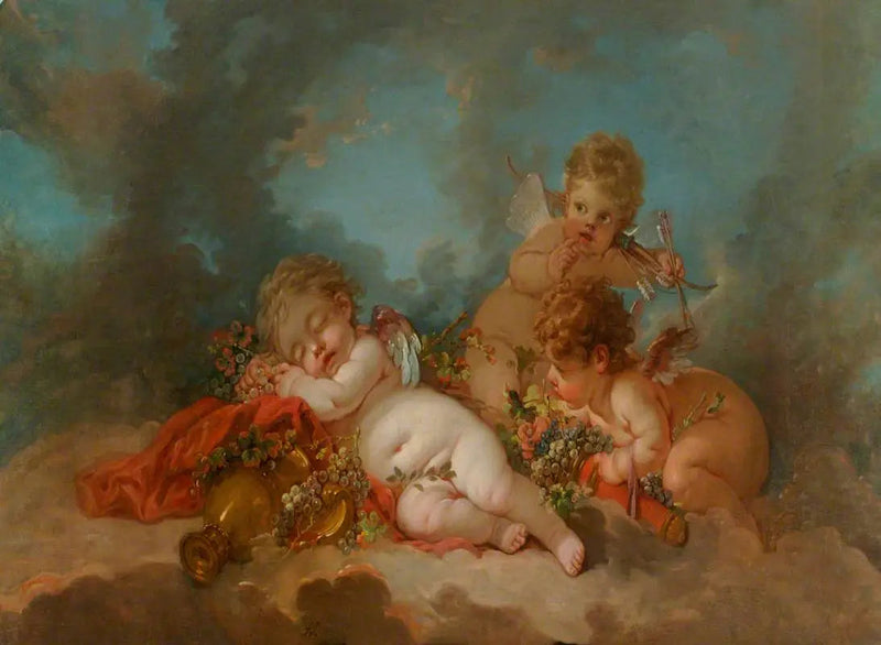 Três Cupidos flutuando nas nuvens - François Boucher