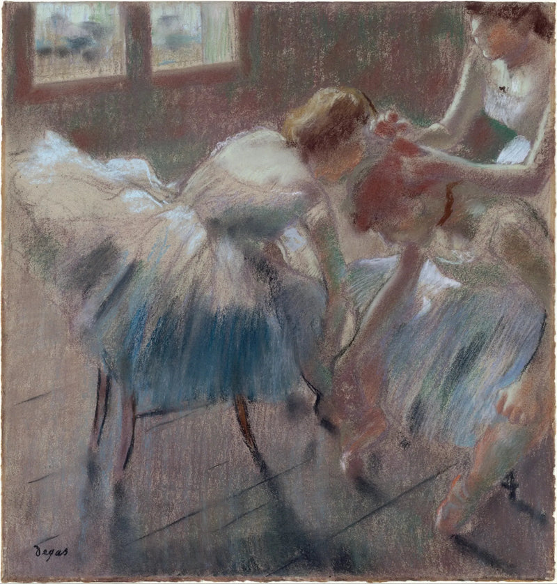 Três bailarinos se preparam para a aula - Edgar Degas