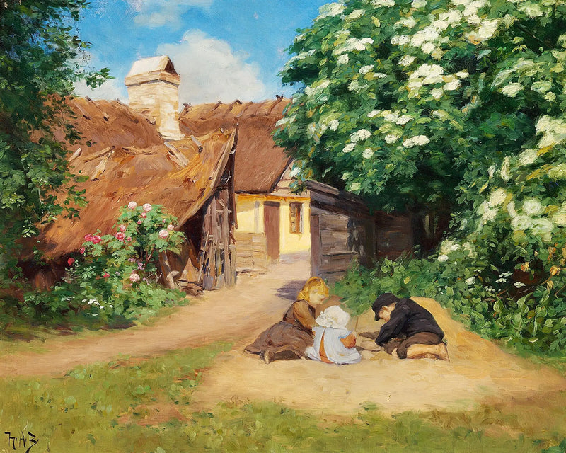 Três crianças brincando perto de uma fazenda em um dia de verão. - H. A. Brendekilde