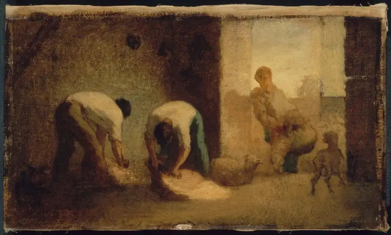Três homens tosando ovelhas em um celeiro - Jean-François Millet