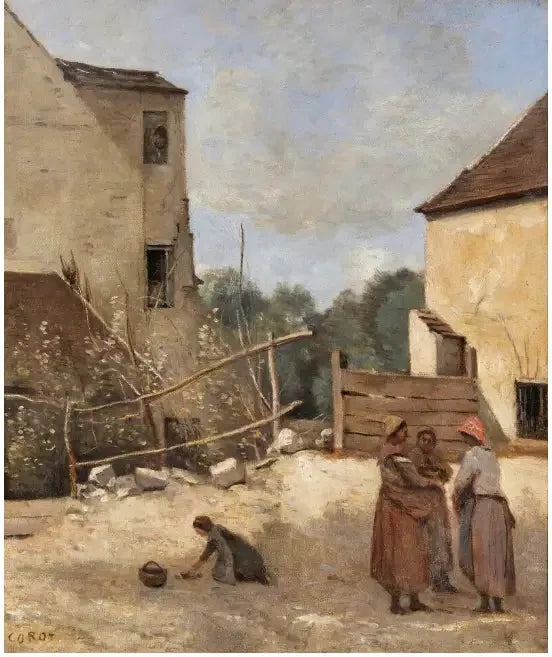 Três camponesas conversando em um pátio rústico - Jean-Baptiste Camille Corot