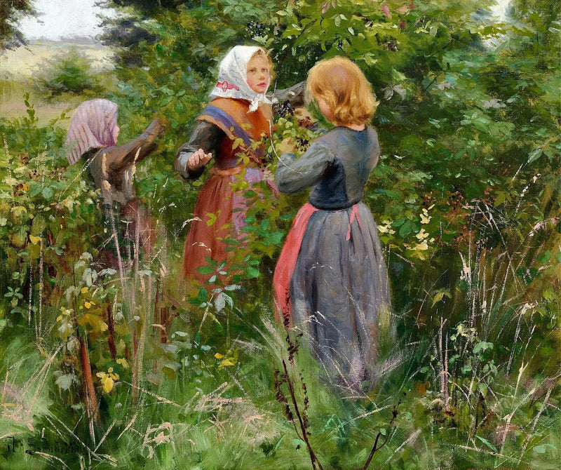 Três pequenas meninas colhendo amoras - H. A. Brendekilde