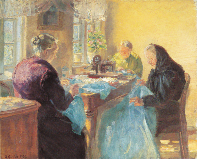 Três senhoras idosas costuram um vestido azul para um baile de fantasia. - Anna Ancher