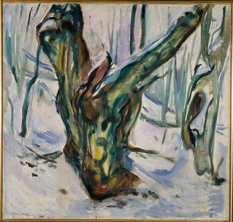 Troncos de árvores rugosos na neve - Edvard Munch