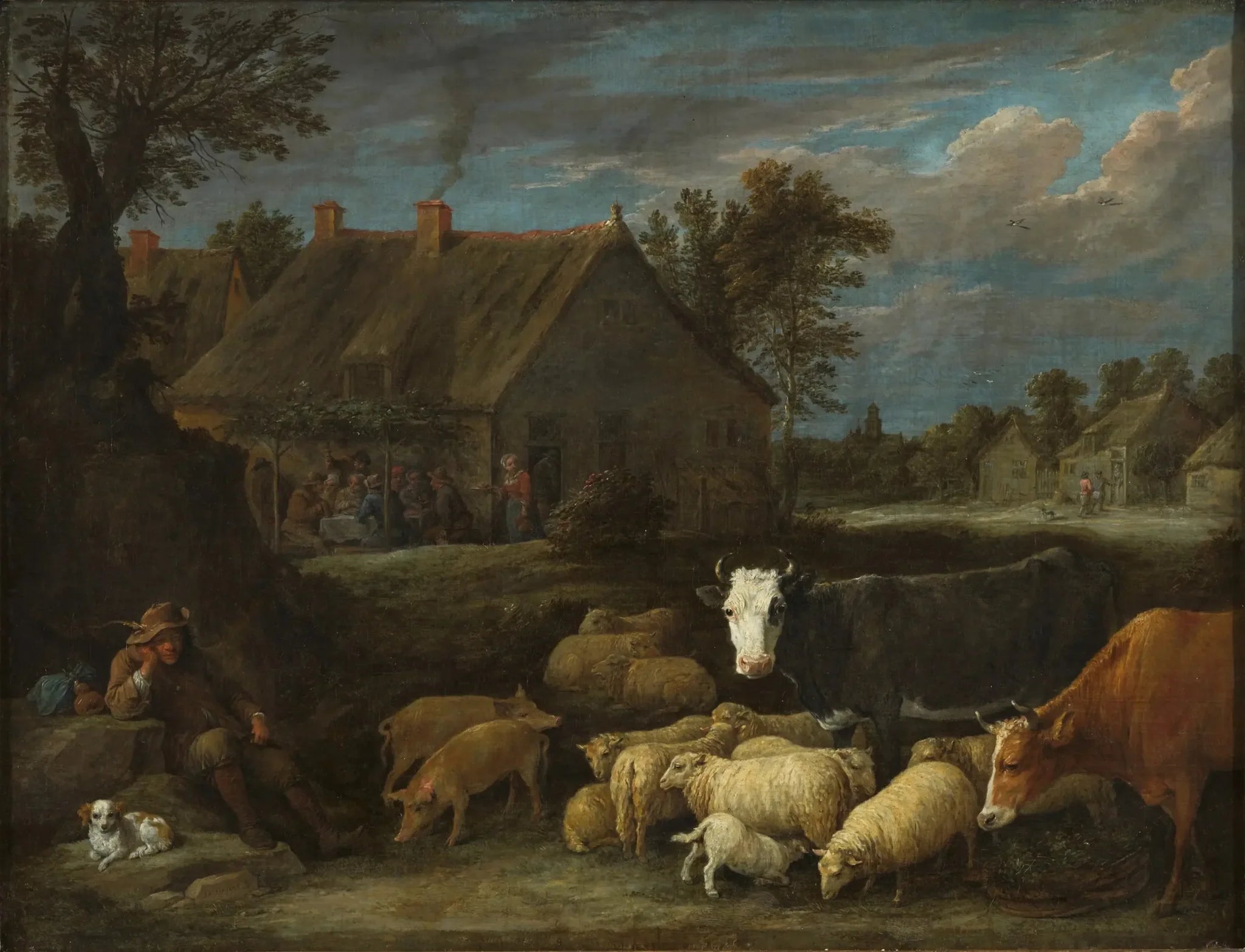 Troupeau dans un village - David Teniers le Jeune image 1 copie de tableau peinte à la main