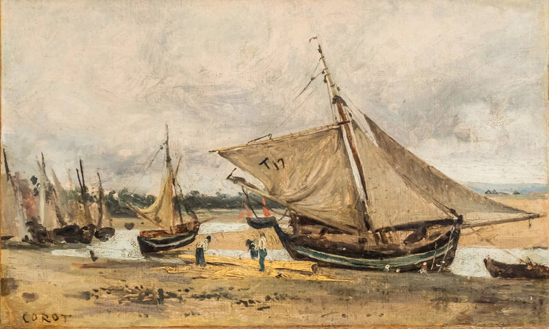 Trouville, barcos de pesca encalhados no canal - Jean-Baptiste Camille Corot